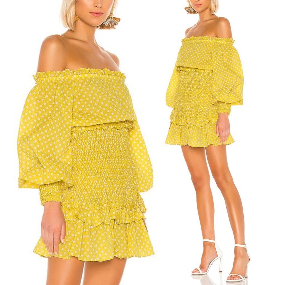 Alexis Marilena Off cold Shoulder Yellow Polka dot Dress ruffle puff sleeve $464